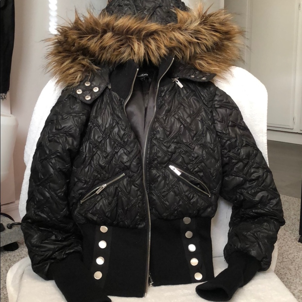 bebe blk bomber jacket w/ detachable faux fur hood